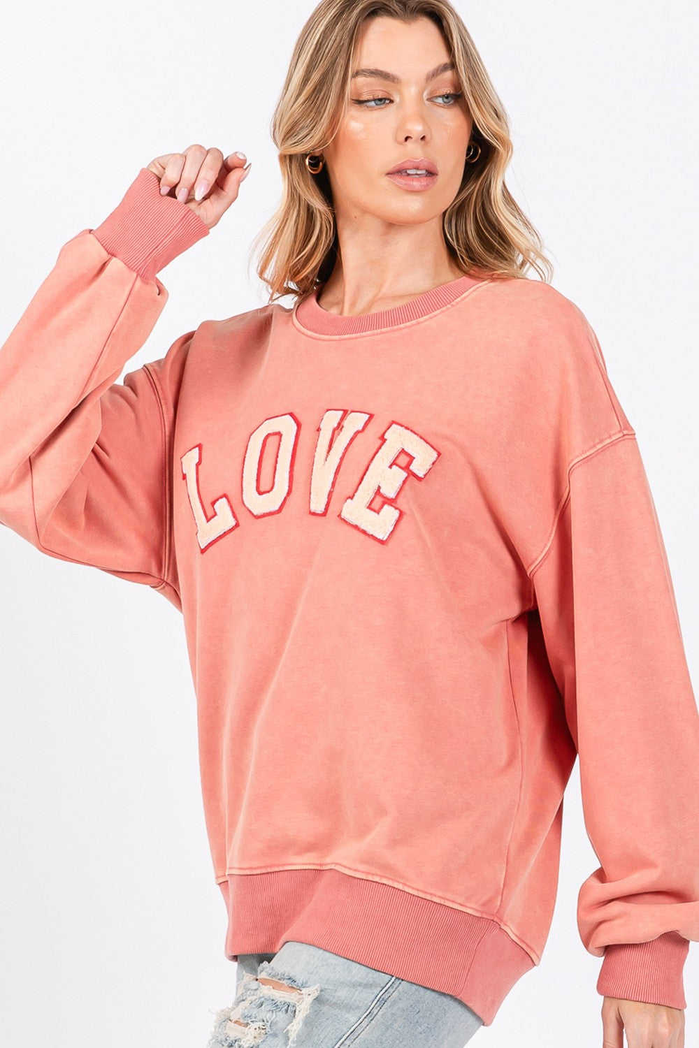 SAGE + FIG Pink Orange LOVE Path Applique Drop Shoulder Sweatshirt Trendsi