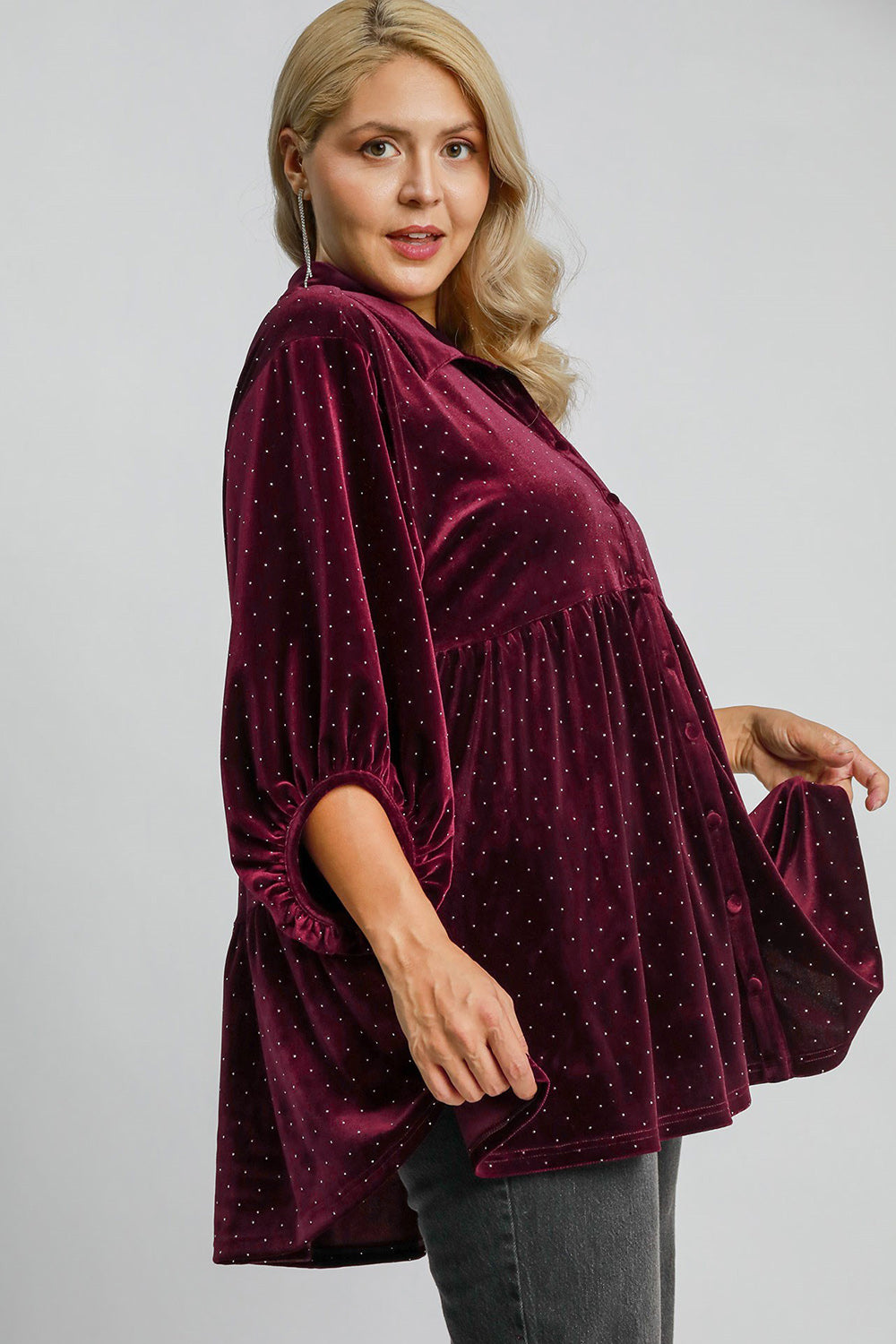 Umgee Burgundy Velvet Beaded Button Up Half Sleeve Tunic Shirts & Tops