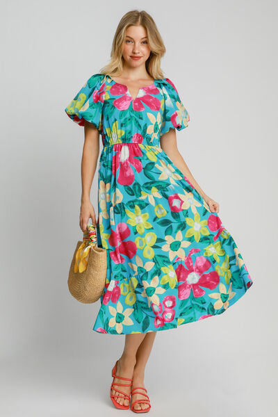 Umgee Azure Tiered Floral Print Notched Puff Sleeve Midi Dress AZUREMIX