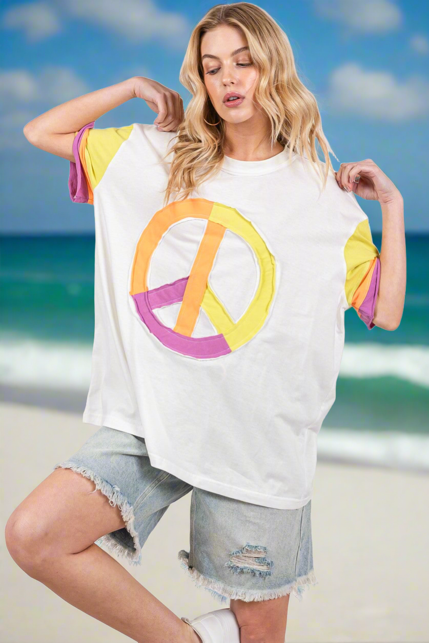 SAGE + FIG Color Block Peace Applique T-Shirt Trendsi