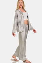 Zenana Silver Satin Long Sleeve Shirt and Pants Pajama Set Trendsi