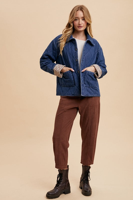 Annie Wear Dark Blue Quilted Printed Lining Snap Down Denim Jacket