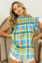 BiBi Blue and Yellow Multi Color Check Plaid Woven Blouse