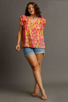 Umgee Tangerine Abstract Print V-Neck Double Layer Ruffle Sleeve Blouse