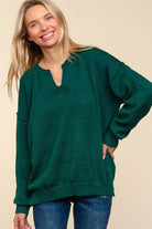 Haptics Hunter Green Notched Neck With Patch Oversized Sweater Sweater