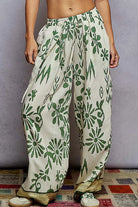 POL Ivory & Green Floral Printed Woven Wide Leg Drawstring Pants IVORY GREEN FLORA
