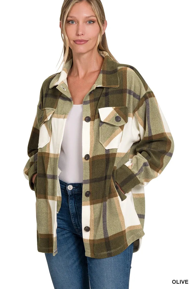 Zenana Olive Oversized Plaid Fleece Shacket