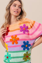 BiBi Apricot Multi Color Flower Patch Puff Sleeve Striped Sweater Trendsi