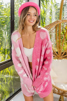 BiBi Heart Color Block V-Beck Knit Cardigan with Pockets