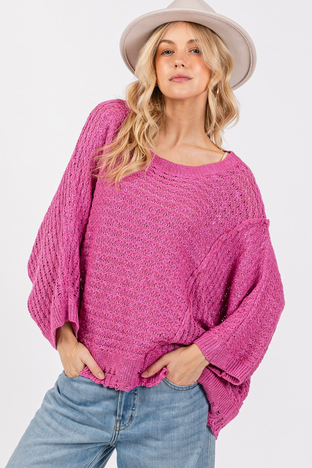 SAGE + FIG Magenta Distressed Asymmetrical Open Stitch Sweater Magenta Trendsi