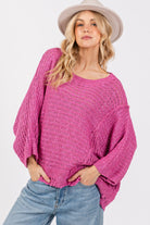 SAGE + FIG Magenta Distressed Asymmetrical Open Stitch Sweater Magenta Trendsi