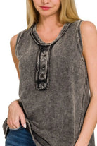 Zenana Ash Black Washed Half-Button Raw Edge Sleeveless Henley Top