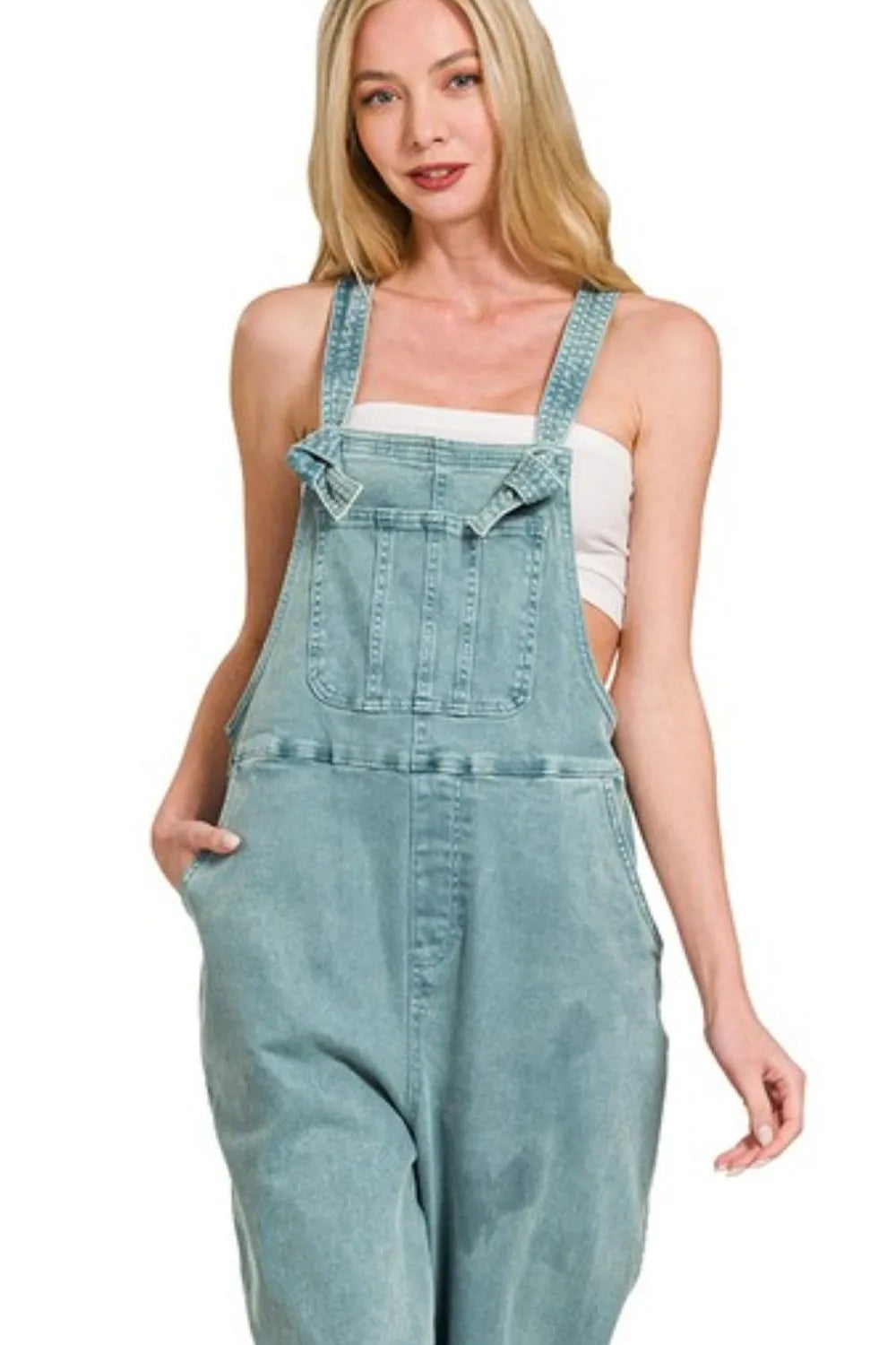 Zenana Teal Washed Knot Strap Relaxed Fit Overalls