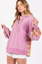 SAGE + FIG Lilac Plaid Print Washed Hoodie Trendsi