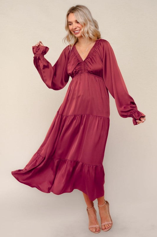Haptics Burgundy V-Neck Satin Maxi Dress