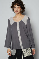 POL Dark Gray Contrast Button Front Long Sleeve Knit Top