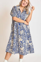 Umgee Royal Blue Printed Smocked Cuff Puff Sleeve Midi Dress