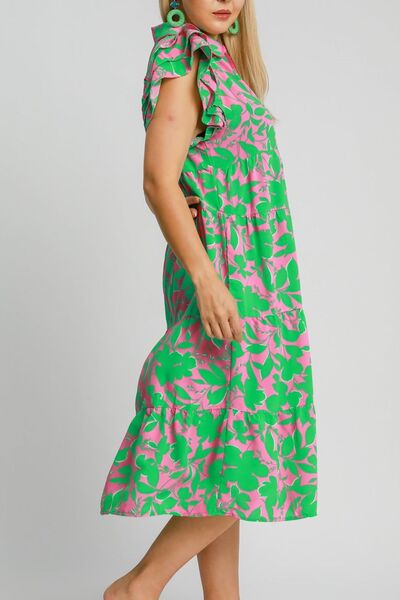 Umgee Emerald Mix Floral Collared Ruffle Cap Sleeve Midi Dress