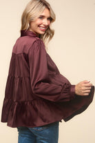 Haptics Burgundy Button Down Tiered Babydoll Satin Blouse Haptics