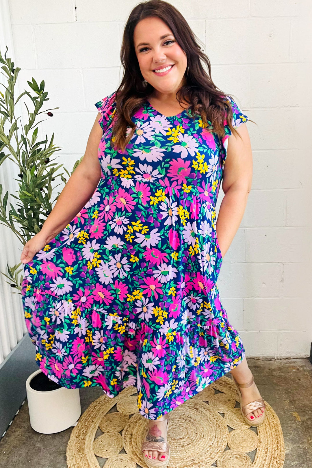 Haptics Diva Dreams Navy & Lilac Floral Fit & Flare Midi Dress Dresses