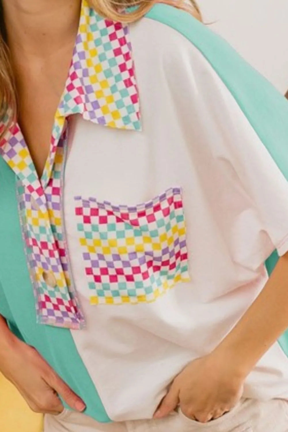 BiBi Mint Color Block Knit with Multi Checker Contrast Top