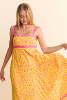 Davi & Dani Geo Two Tone Printed Wavi Trim Tiered Maxi Dress