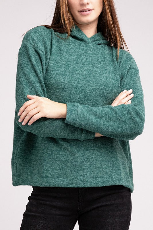 Zenana Hooded Brushed Melange Hacci Sweater DK GREEN ZENANA