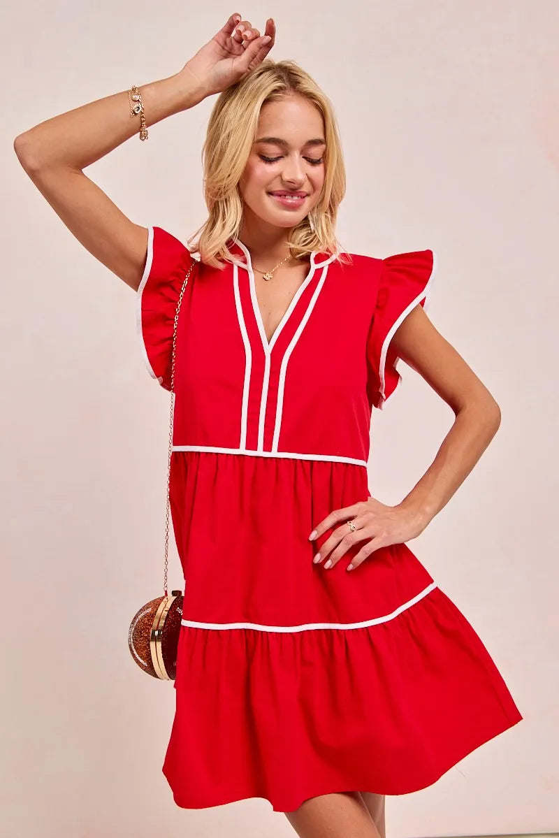 BiBi Red Game Day Theme Contrast Binding Ruffled Dress
