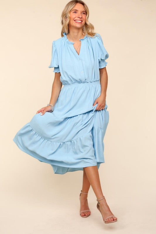 Haptics Sky Blue Frill Notch Neck Shirred Waist Tiered Maxi Dress Dresses