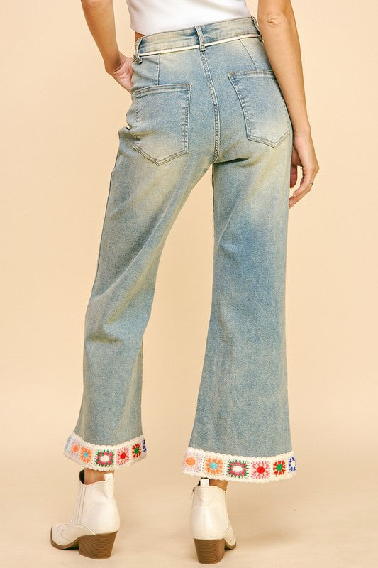 Davi & Dani Crochet Trim Flare Jeans with Pockets Jeans