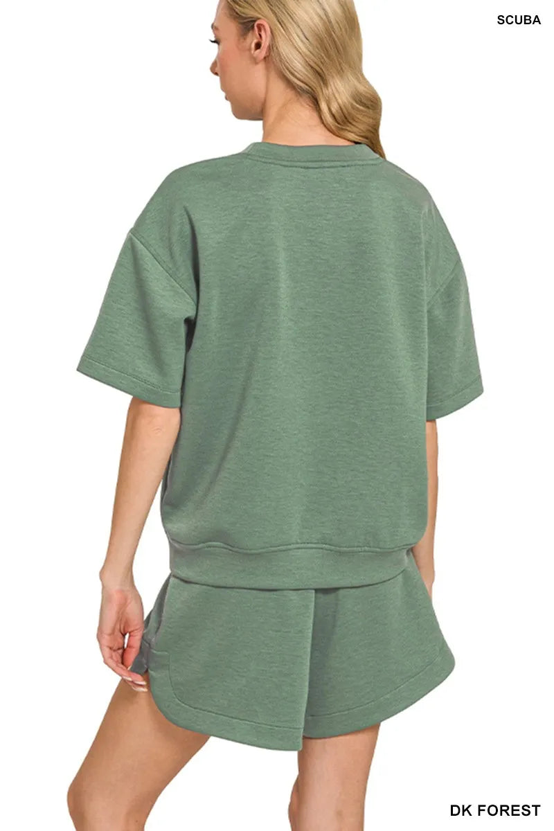 Zenana Dark Forest Scuba Short Sleeve Top & Shorts Set