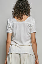 POL Off White Lace Detail V-Neck Short Sleeve Textured T-Shirt