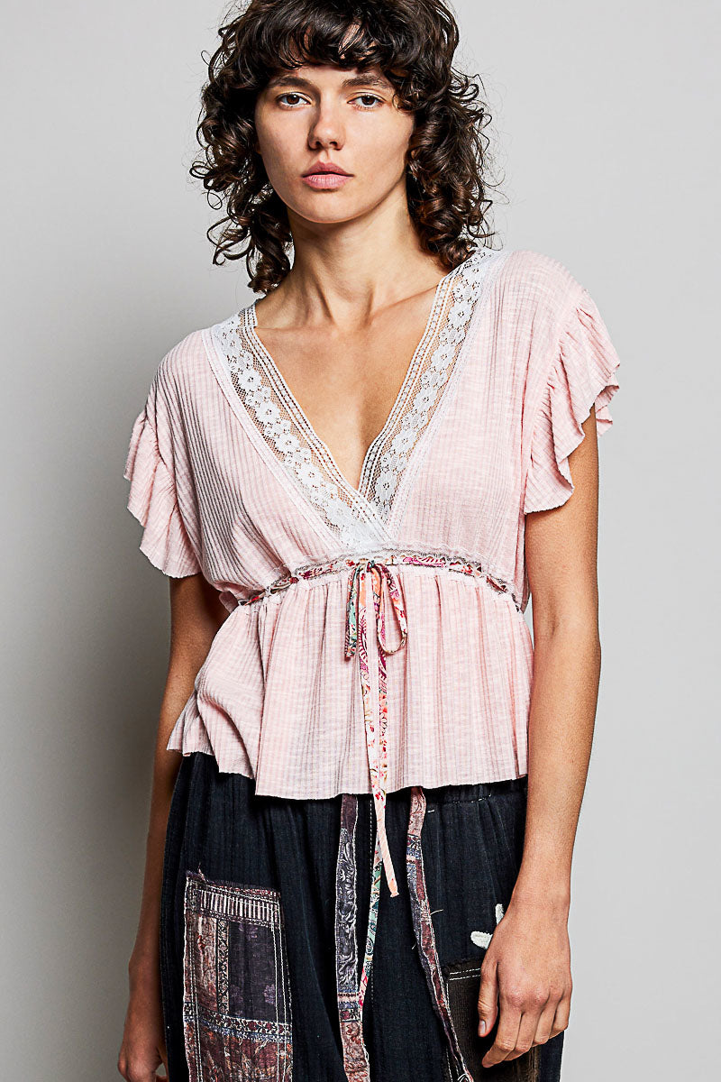 POL Blush Tied Ruffled V-Neck Short Sleeve Blouse with Lace Detail BLUSH