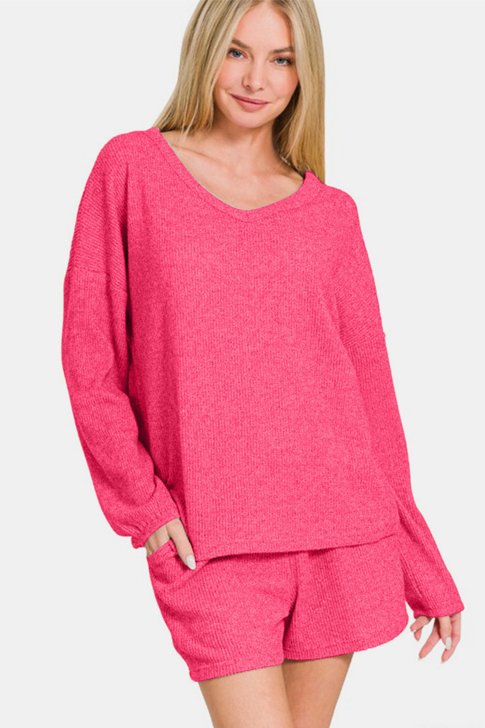 Zenana Strawberry V-Neck Long Sleeve Ribbed Top and Shorts Set Loungewear Set