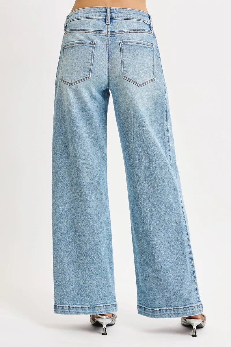 RISEN Medium Washed Mid Rise Wide Barrel Transferable Leg Snap Jeans