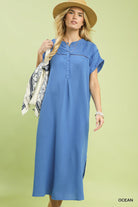 Umgee Ocean Button-Front Gauze Midi Dress with Lace Detail