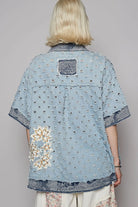 POL Distressed Short Sleeves Contrast Floral Patch Denim Shirt