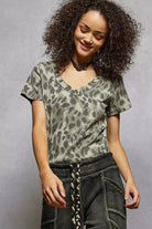 POL Grey Leopard Printed V-Neck Short Sleeve T-Shirt