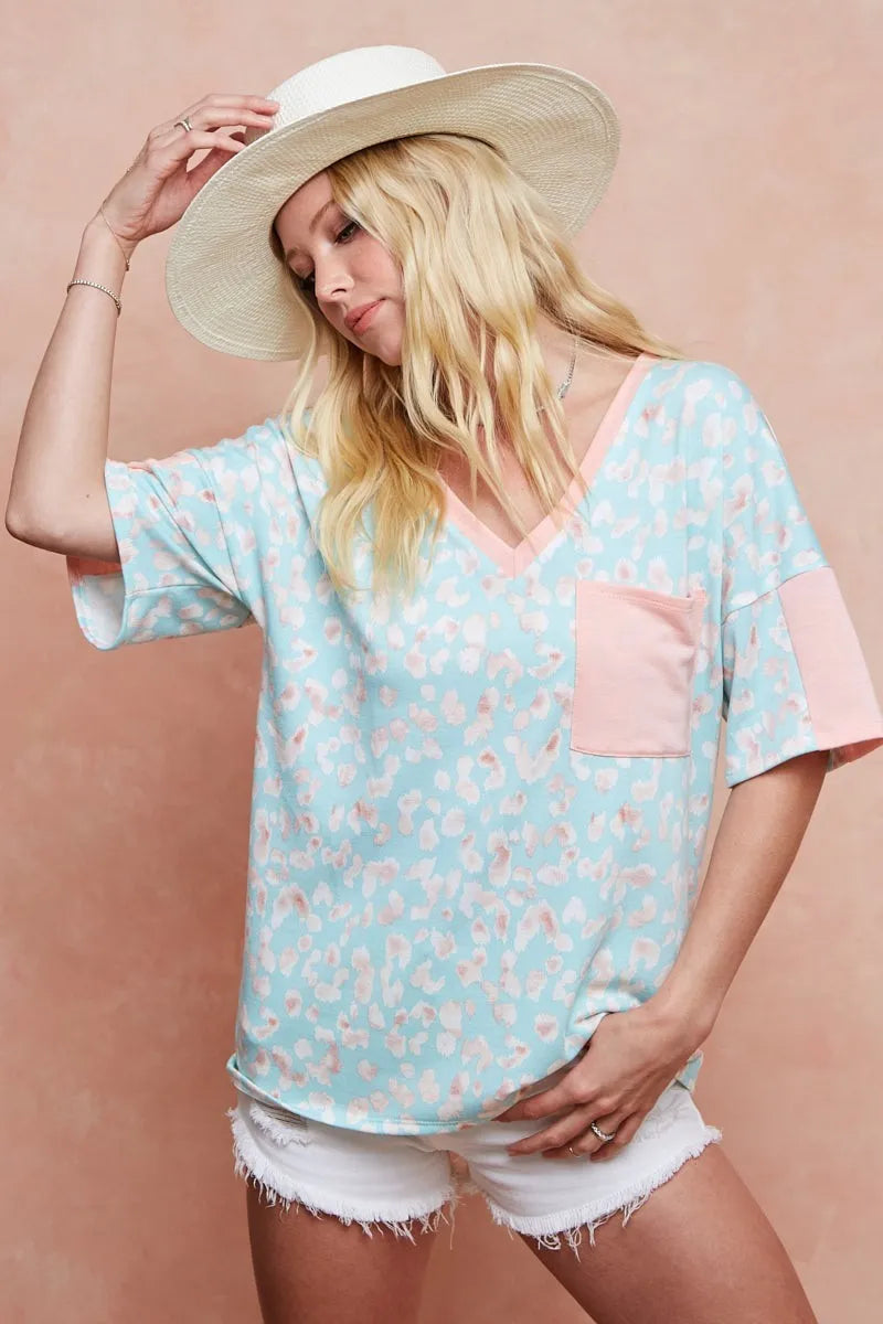 BiBi Mint Multi Color Leopard Printed French Terry Top