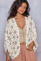POL Openwork V-Neck Chenille Cardigan with Contrast Floral