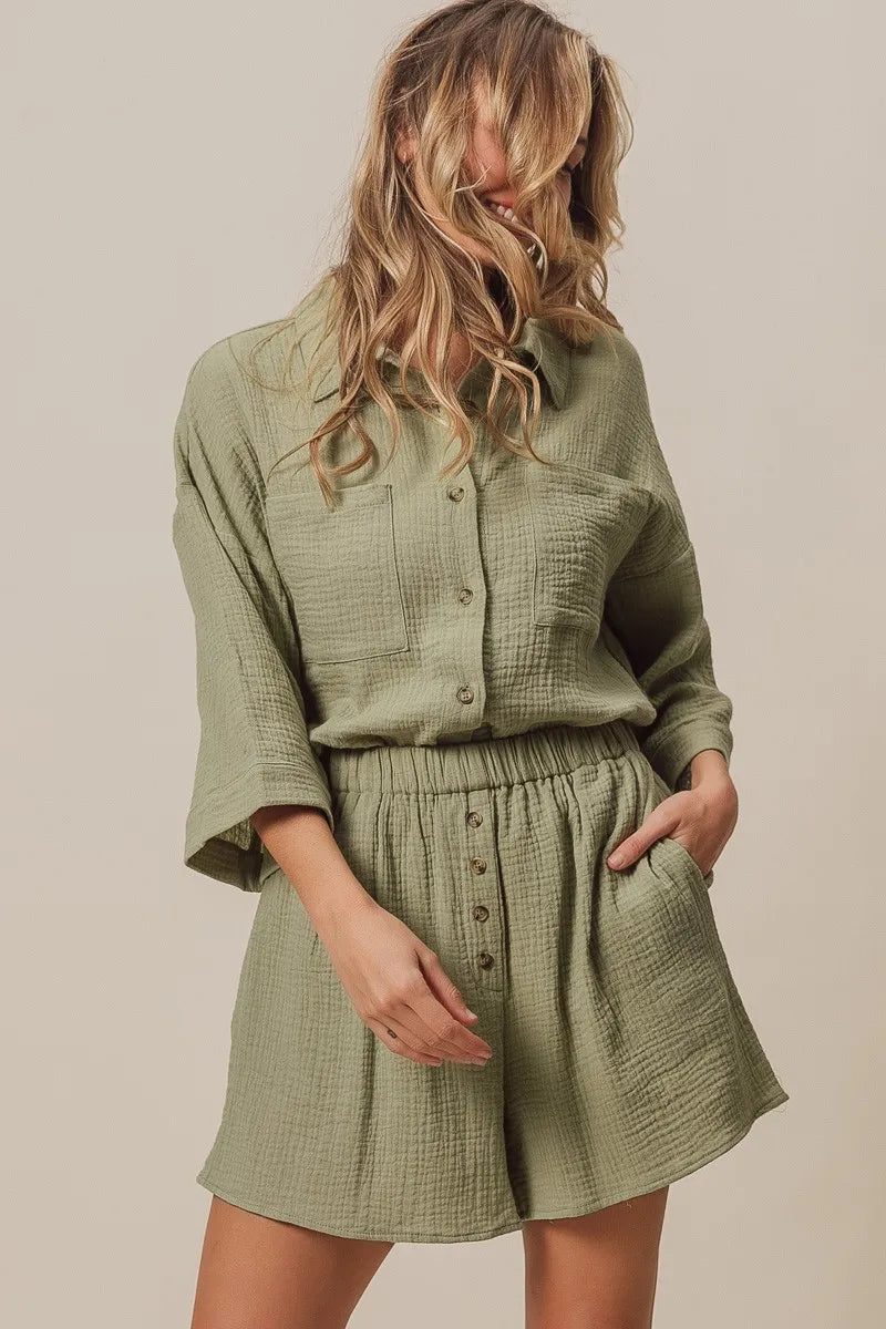 BiBi Sage Crinkle Gauze Shirt and Short Set