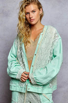 POL Pale Mint Exposed Seam Button Down Hooded Jacket with Lace Detail
