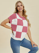 Double Take Checkered Round Neck Short Sleeve Sweater Trendsi