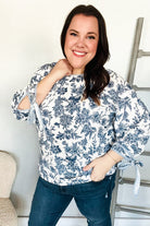 Haptics Vintage Chic Navy & Ivory Three-Quarter Bow Sleeve Contrast Stripe Blouse