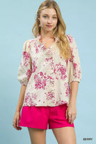 Umgee Berry Floral Embroidered Blouse with Ruffle Trim BERRY