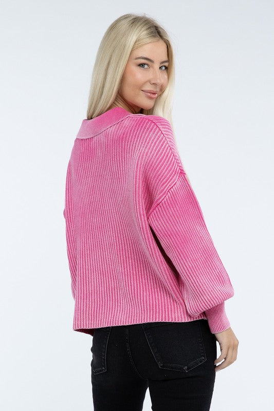 Zenana Washed Collared Henley Sweater in 6 Colors! ZENANA