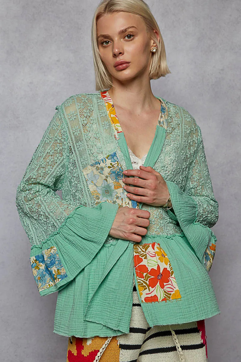 POL Mint Green Flare Sleeve with Lace & Ruffled Hem Open Front Cardigan MINT GREEN