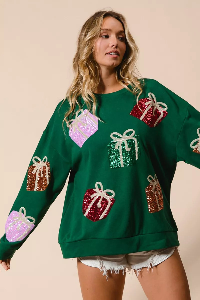 BiBi Green Sequin Christmas Gift Box Embroideries Pullover