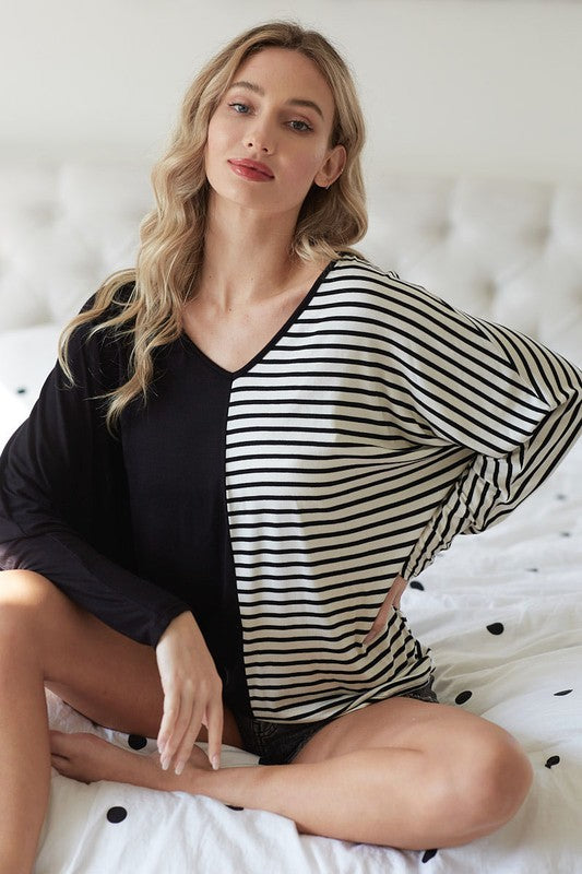 BiBi Black Two-Tone Striped V-Neck Long Sleeve Top