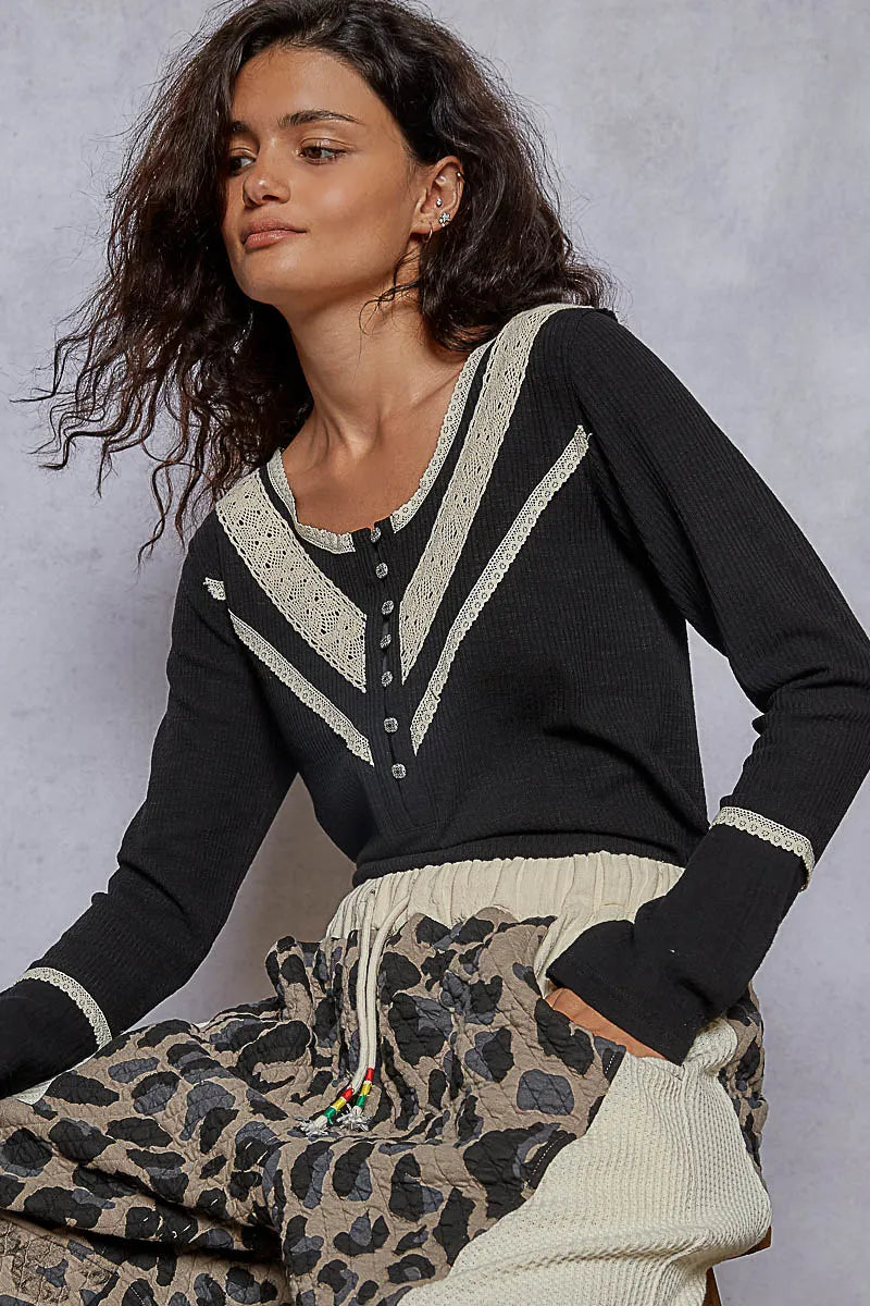 POL Black Ribbed Half Button Lace Detail Knit Top